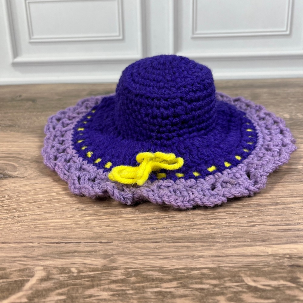 Handmade Crochet Sun Doll Hat Small Purple Lavender Yellow Bow Scalloped Brim